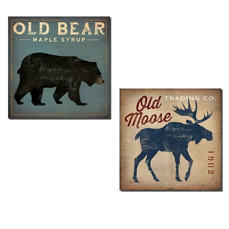 Blue Fabric Poster (Rustic Blue and Tan Old Bear and Moose Set by Ryan Fowler; Cabin Lodge Decor; Two 12x12in Paper Poster)