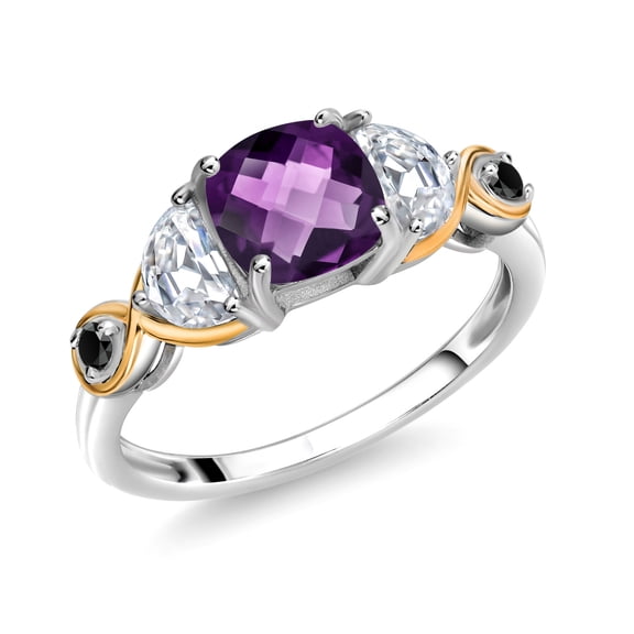 Gem Stone King 925 Silver and 10K Yellow Gold 3-Stone Ring Cushion Amethyst Half Moon Moissanite and Black Diamond (1.37 Carat Cttw) (Size 7)