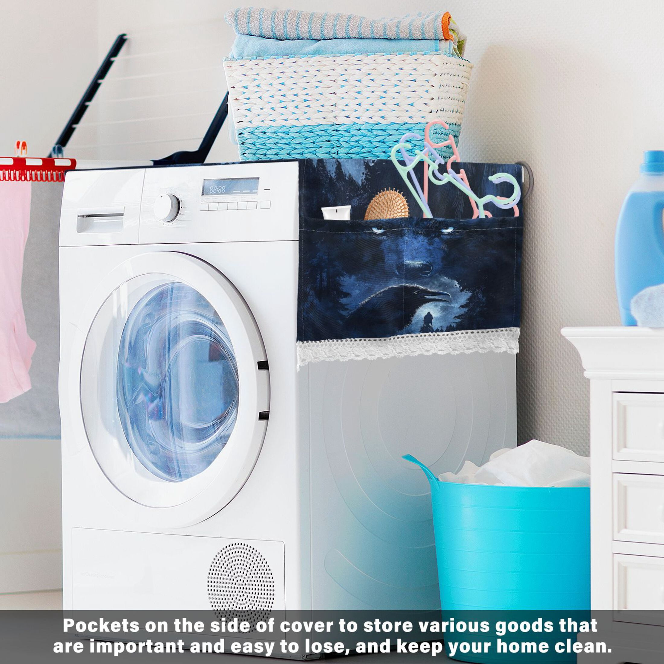 WOBOGO Raven Wolf in The Moonlight Washing Machine Cloth Dryer Refrigerator Top Cover Protective Non-Slip Mat For Kitchen Laundry