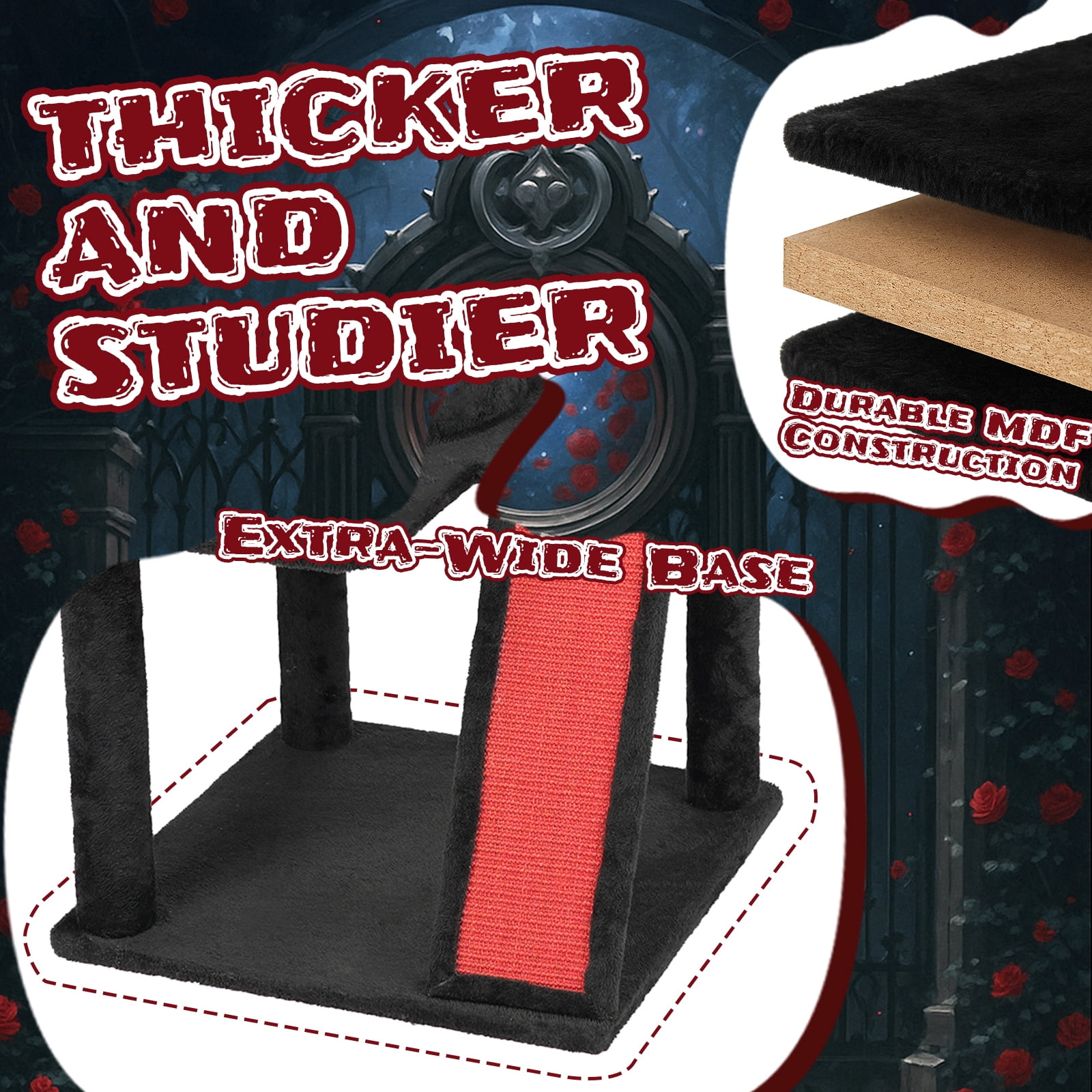 Zephypaws 42" Black Gothic Halloween Cat Tree, Indoor Cat Tower with Condo, Branch Scratching Post, Ladder & Spider Toy, Red & Black Design