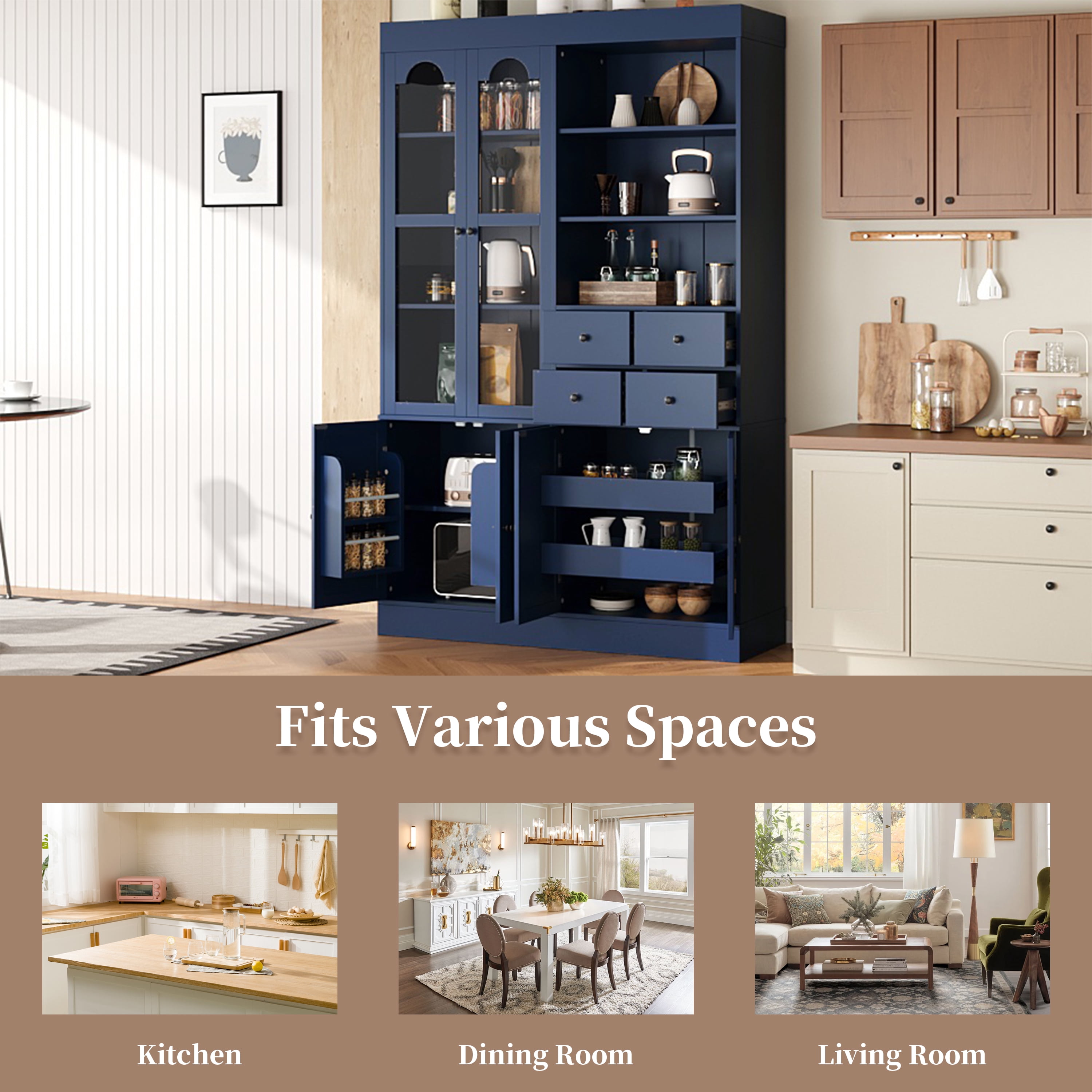Euroco 47.2x15.7x75inch Freestanding Buffet with Hutch, Tall Kitchen Pantry Cabinet with 4 Drawers, Door Shelves and Pull-out Trays for Dining room, Living Room, Blue