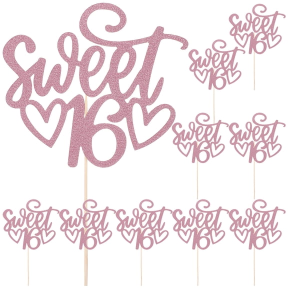 FRCOLOR 10 Pieces Birthday Cake Topper Decorations for 16th Party Photo Taking Pink Paper and Wood Props