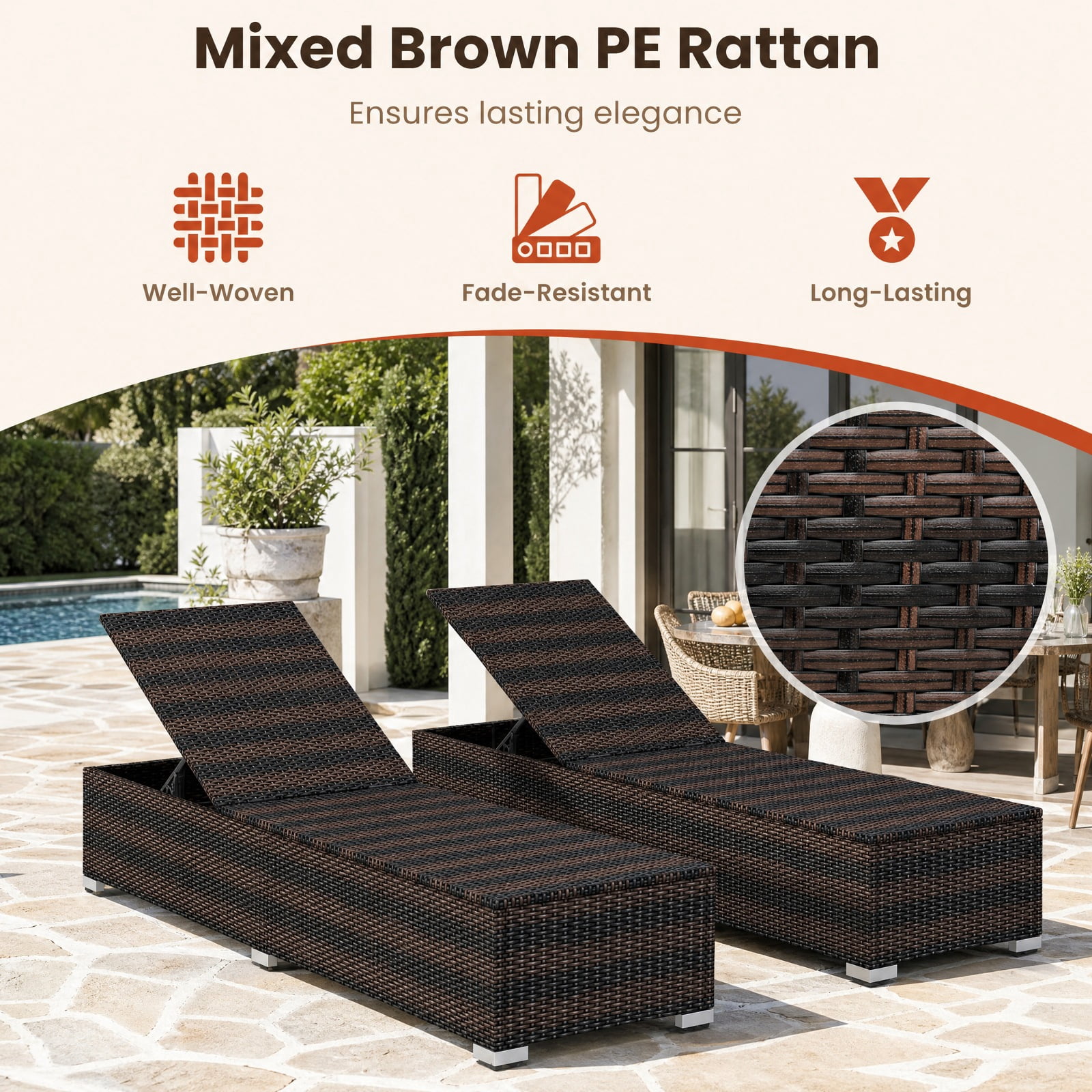 Furnibear Patio Wicker Lounge Chair with 4 Level Adjustable Backrest Long Seat Cushion PE Rattan Weave and Metal Frame for Poolside, Brown