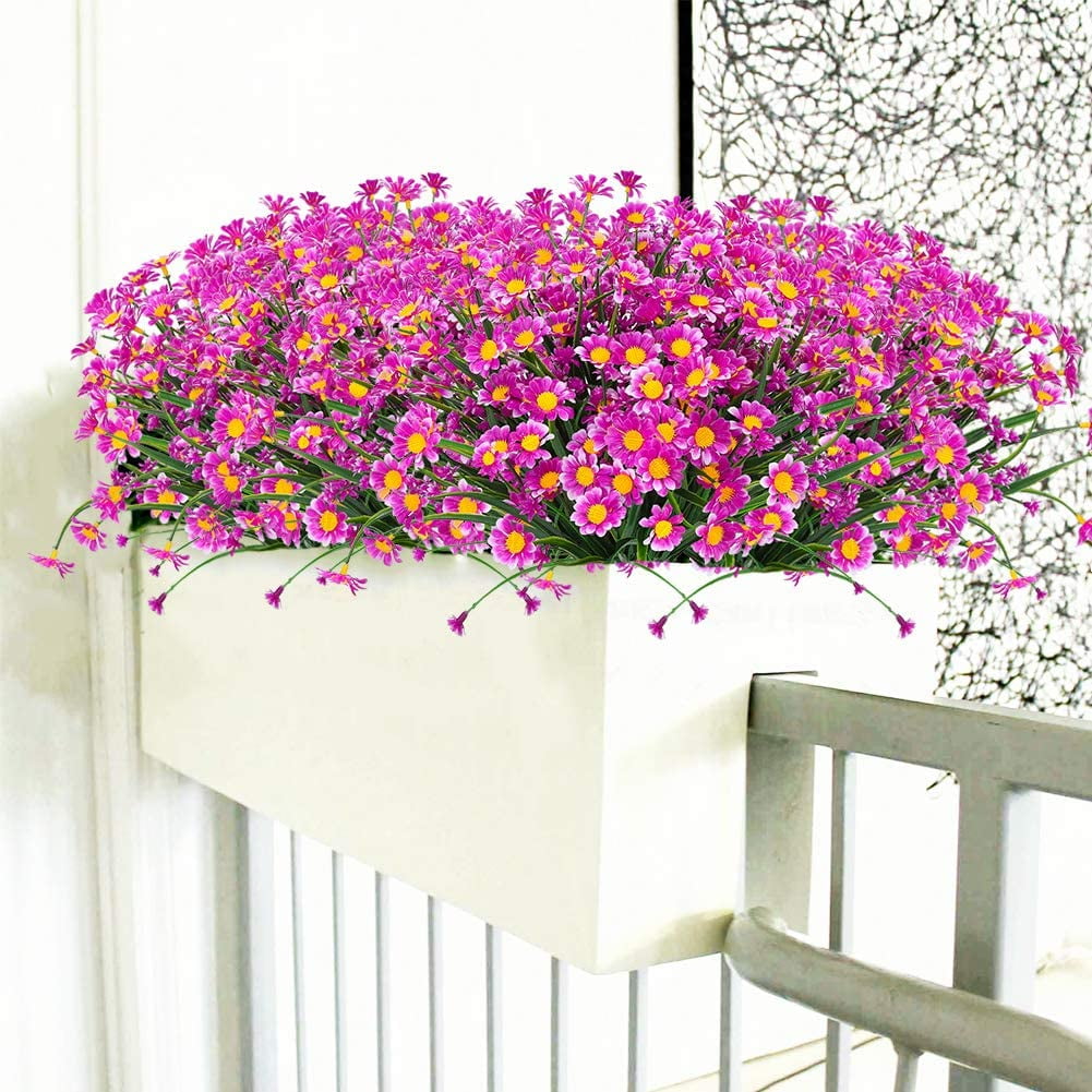Artificial Daisies Flowers Outdoor UV Resistant 4 Bundles Fake Foliage Greenery Faux Plants Shrubs Plastic Bushes for Window Box Hanging Planter Farmhouse Indoor Outside Decor(White)