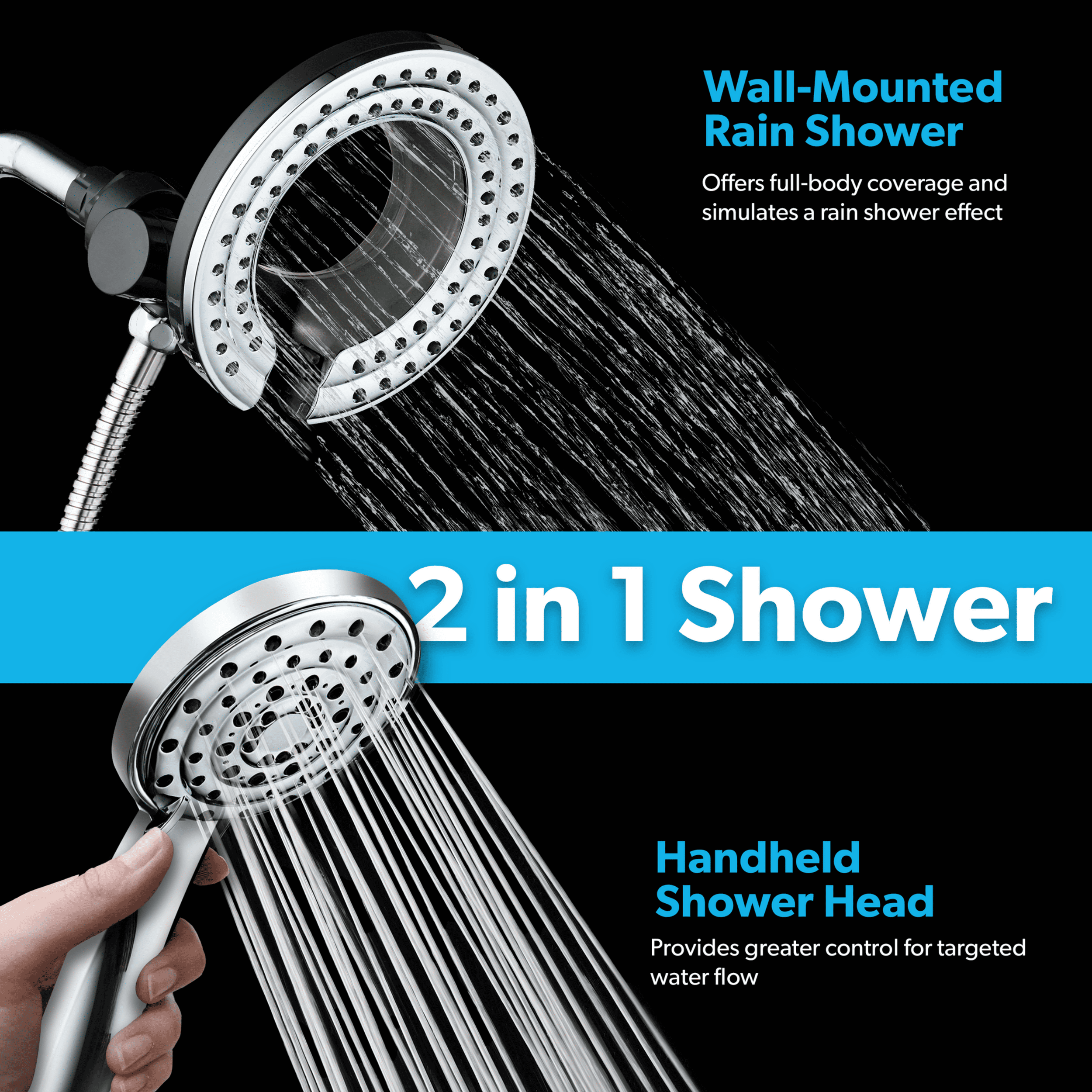 BLACK+DECKER Dual Shower Head with 5 Spray Settings and Detachable Wand and Stainless Steel Hose, Chrome