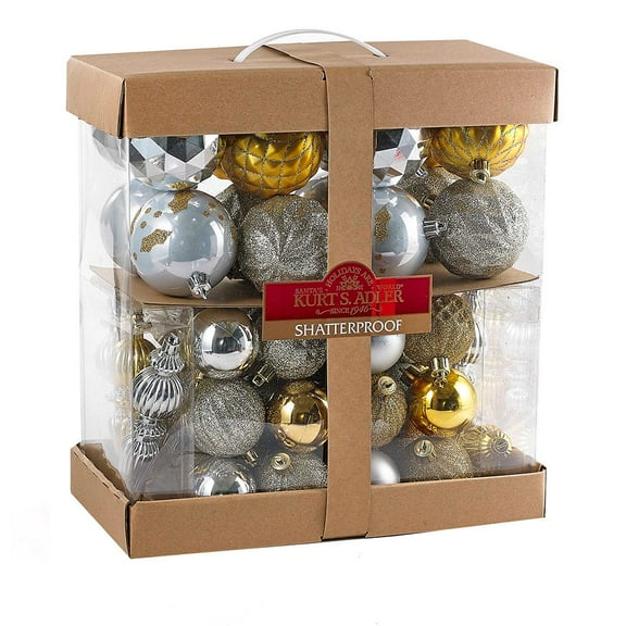 Shatterproof Silver, Gold, Champagne Ornament Kit, 58-Piece Box Set
