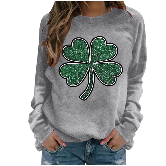 BXJX Women's St. Patrick's Day Sweatshirt- Crew Neck Printed Casual Cozy Holiday Theme Pullover Gray Size L