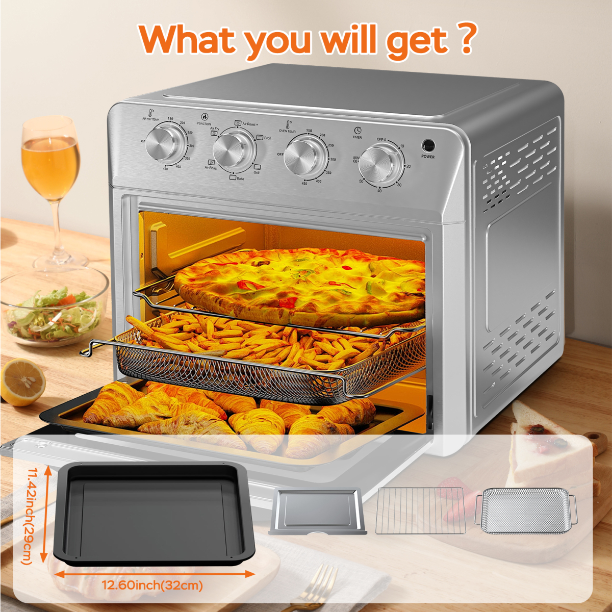 Plum Chef 27.5QT Family Size Air Fryer Oven - 6-in-1 Countertop Oven (Air Fry/Bake/Broil/Toast/Warm/Dehydrate) 1600W 4-Knob Control Silver