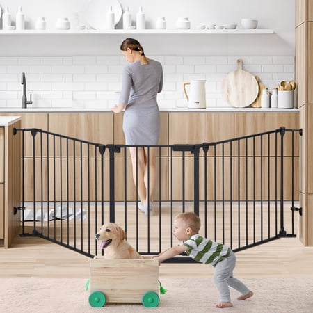 Baby Gate Baby Safety Gate 3Panels 80" Extra Wide Iron Gates for Doorway Kitchen Playard 0-3 years old, Black