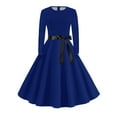 thumbnail image 5 of Hogleaql Fall Dresses for Women 2025 A-Line Plus Size Long Sleeve Swing Round Neck with Belt Dress Solid Back Zipper Holiday Party Retro Fashion Spring Skirts Blue 2XL, 5 of 6