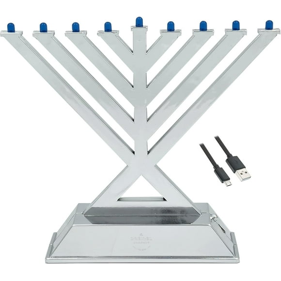The Dreidel Company Mini Electric Menorah, Rambam Design Hanukkah Menorah, LED Travel Menora, Batteries or USB Powered, Micro USB 4' Cable Included (Silver Shiny)