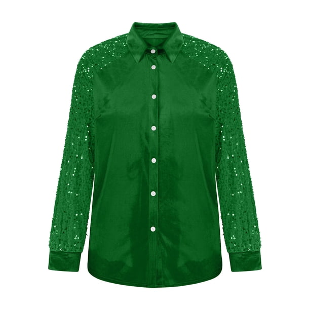 green velvet dress shirt QATAINLAV Women's Long Sleeve Sequin Tops Casual Button Down Collared Shirts Fashion Sparkly Party Blouse Holiday Shirts, Green, XL dress_length:Mini Dresses