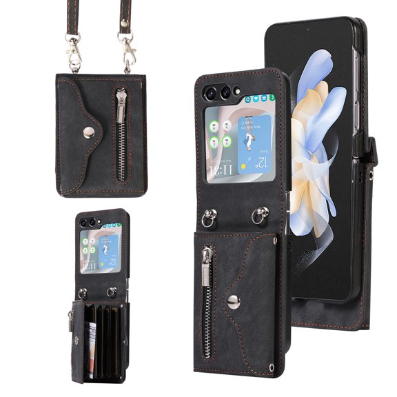 Compatible with Samsung Galaxy Z Flip 5 Wallet Case with Strap Leather Crossbody RFID Blocking Case-Black