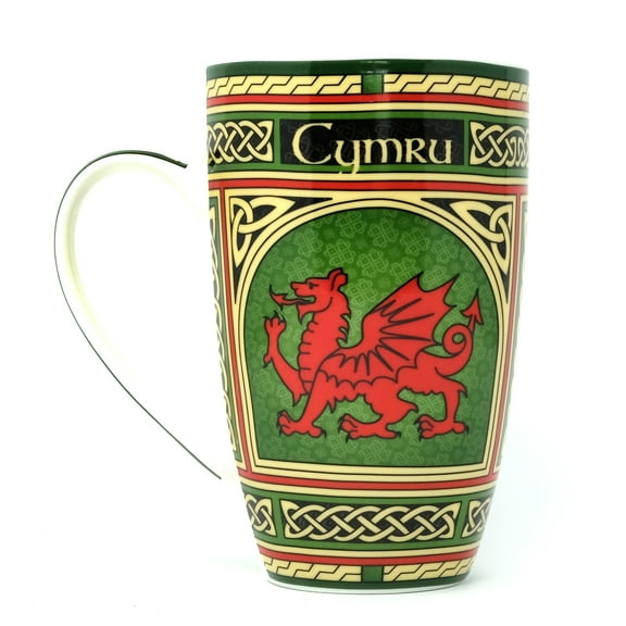 Wales Porcelain Coffee Mug - Welsh Red Dragon Porcelain Cup with Irish Celtic Knots Design, Made of New Bone China 400ml/14fl oz