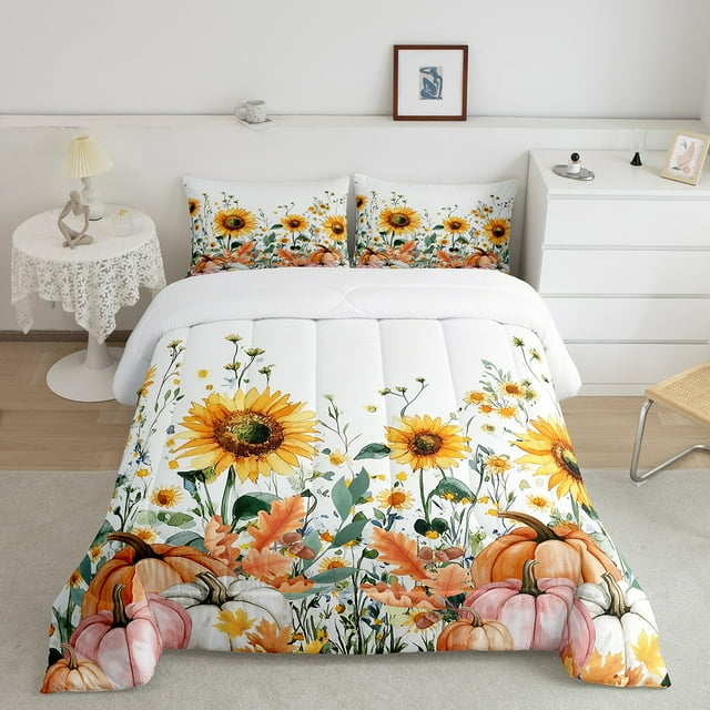 Erosebridal Ensembles de Couette à Imprimé Citrouille Format Double, Couette en Duvet Récolte d'Automne, Insert de Couette Réversible Floral Rustique, Décoration de Chambre en Microfibre, 3 Pcs