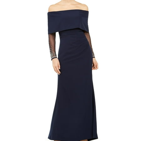 Vince Camuto Womens Rhinestone Sleeve Off-Shoulder Gown Dress Blue 6