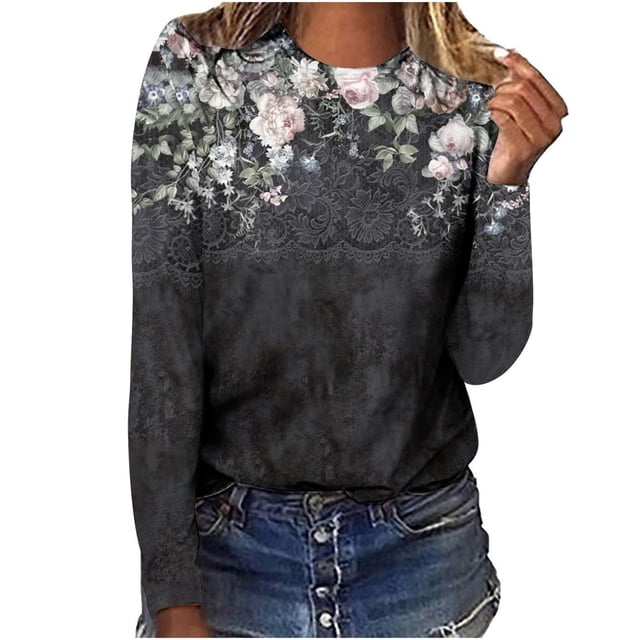 IROINNID Réduit Polyester Long Sleeve T-Shirt pour les Femmes Tous les Jours d'Été Sexy Pli Imprimé Régulier Col Rond Bouton Top, Noir