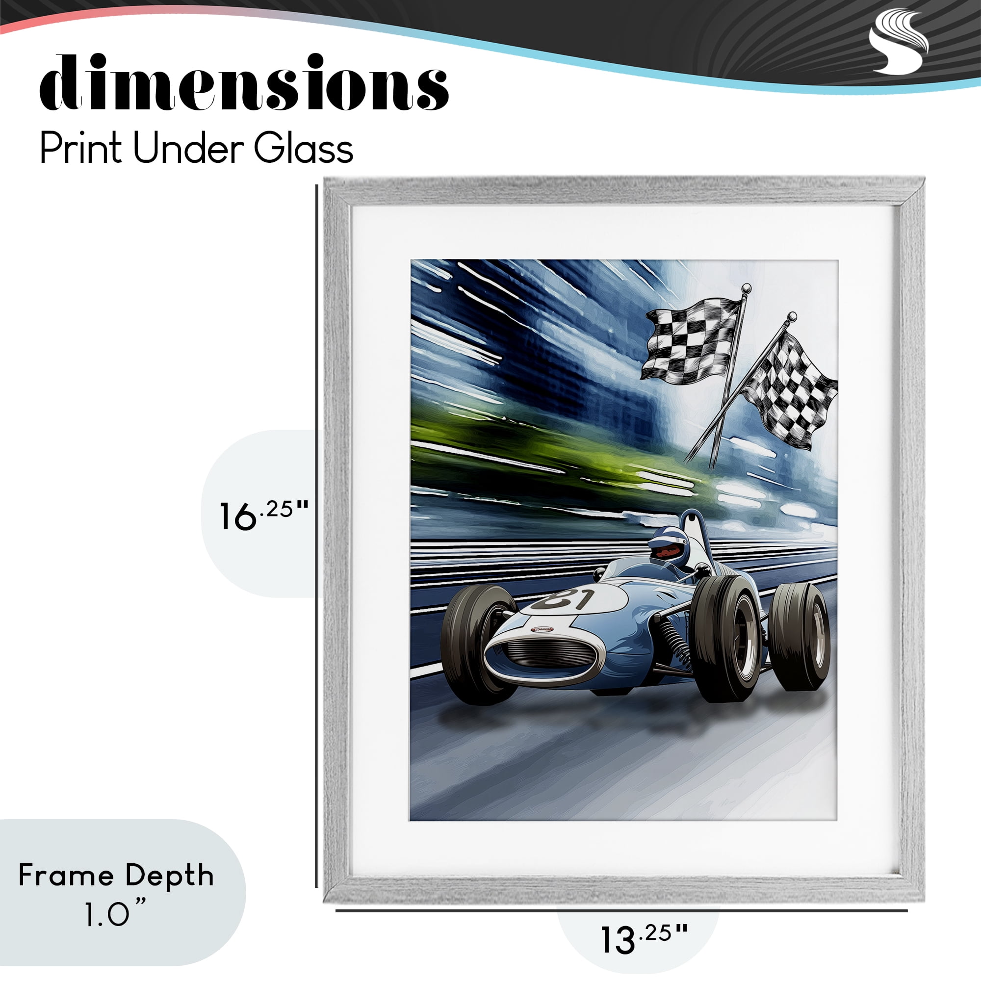 Stupell Industries Speedy Racecar with Flags Gray Framed Print Under Glass, design by Christine Simpson Art