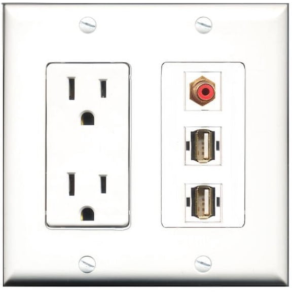 RiteAV - 15 Amp Power Outlet 1 Port RCA Red 2 Port USB A-A Decorative Wall Plate