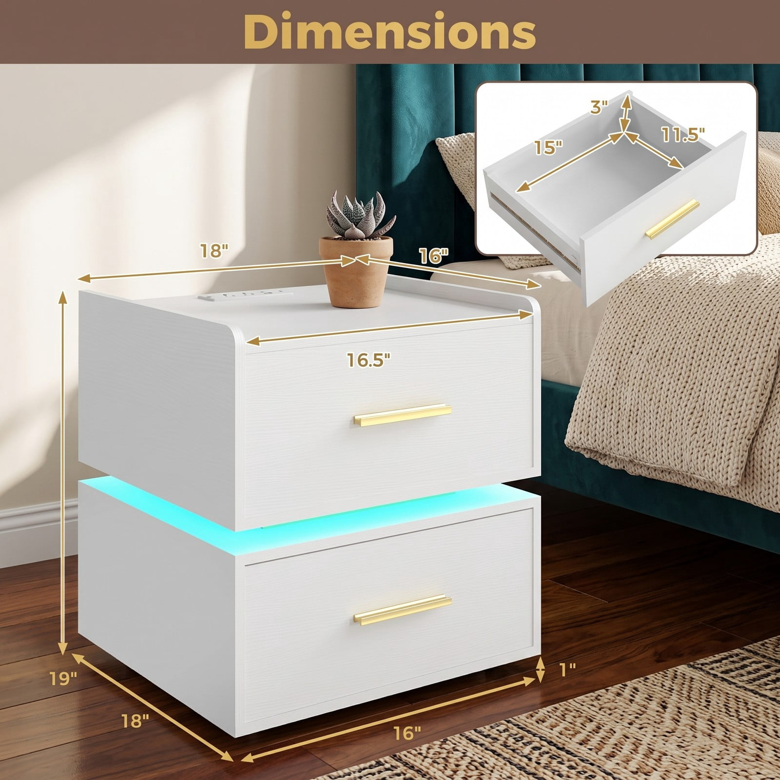 Furnibear LED Nightstand with Charging Station and 2 Storage Drawers, RGB Bedside Table with Semi-floating Design for Bedroom, White