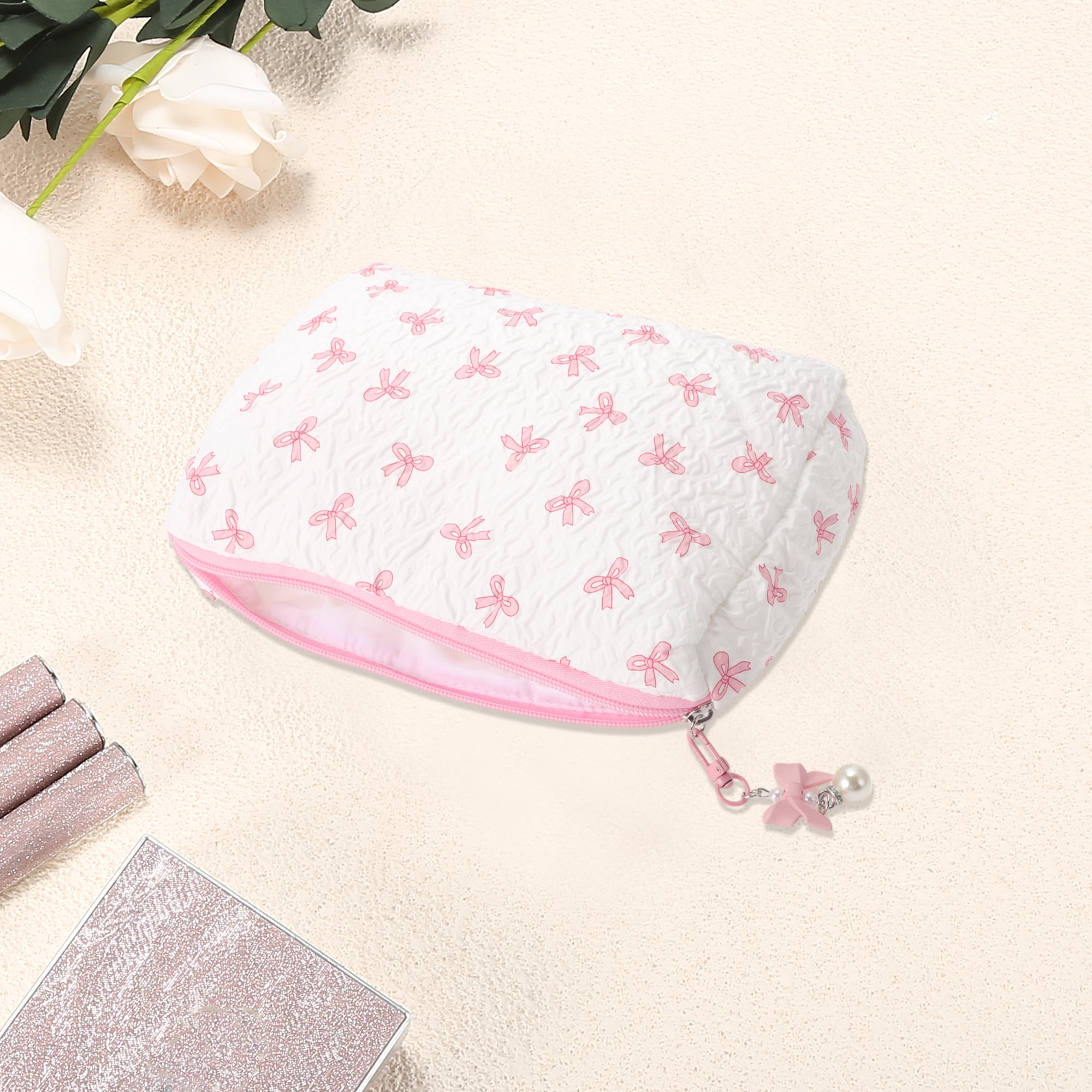 Unique Bargains 1 Pc Pendant Bow Makeup Bag Everyday Use 2.36 in White, Pink