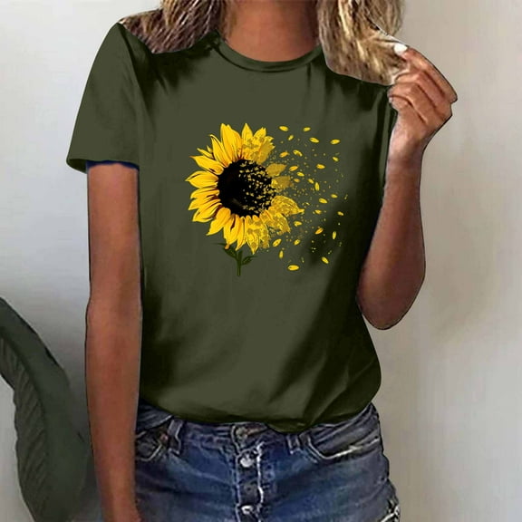 Blczomt T-Shirt for Women Soft Summer Green Short Sleeve Tee Crew Neck Casual Sunflower Print Blouses Women