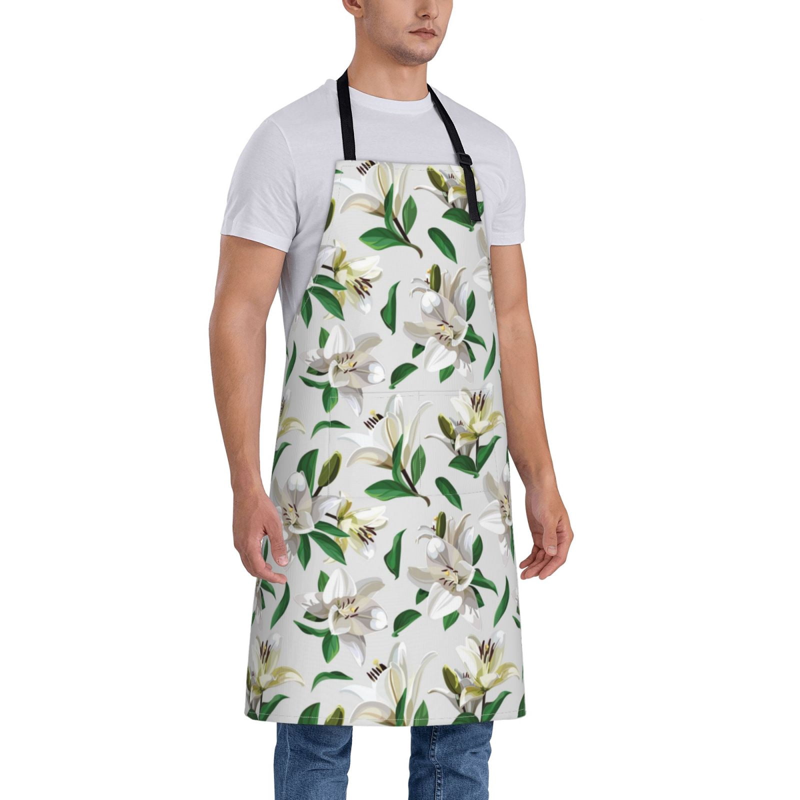 Kdxio Lilies Flowers Apron with Pockets Adjustable Kitchen Aprons for Men Women Waterproof Aprons for Cooking,Drawing,Crafting, Baking Household Cleaning
