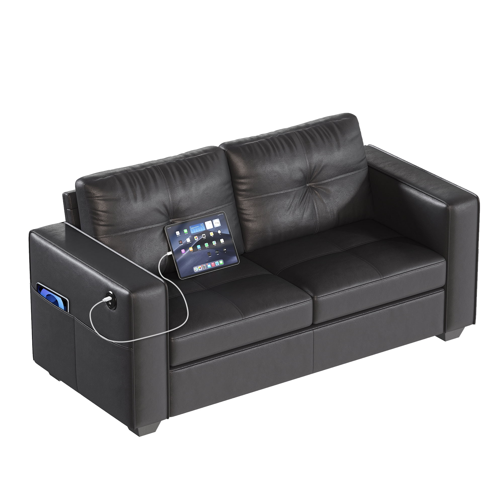 AODAILIHB 65" W Linen Fabric 2-Seat Sofa, Modern Love Seat Couch with 2 USB Charging Ports and Stowage Pocket, Upholstered Arm Sofa For Living Room, Office