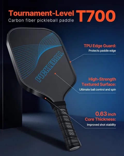 T700 Carbon Fiber Pickleball Paddle with Honeycomb Core Enhanced Power Control Spin Professional Racket for Adults Blue