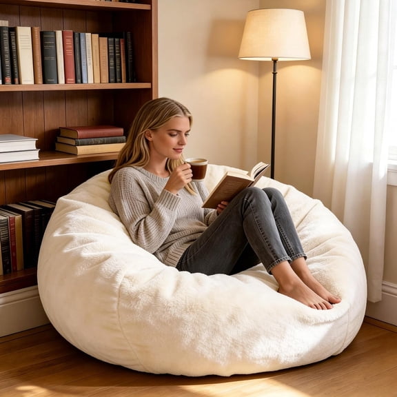 Faux Fur Comfy Bean Bag Chair Cover (No Filler)Stuffed Animal Storage Beige | Bean Bag Covers Large Bean Bag Sofa for Adults, furry fuzzy surface,for living room bedroom holiday gift