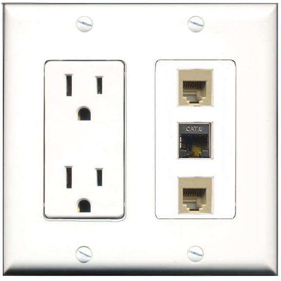 RiteAV - 15 Amp Power Outlet 2 Port Phone Beige 1 Port Shielded Cat6 Ethernet Ethernet Decorative Wall Plate