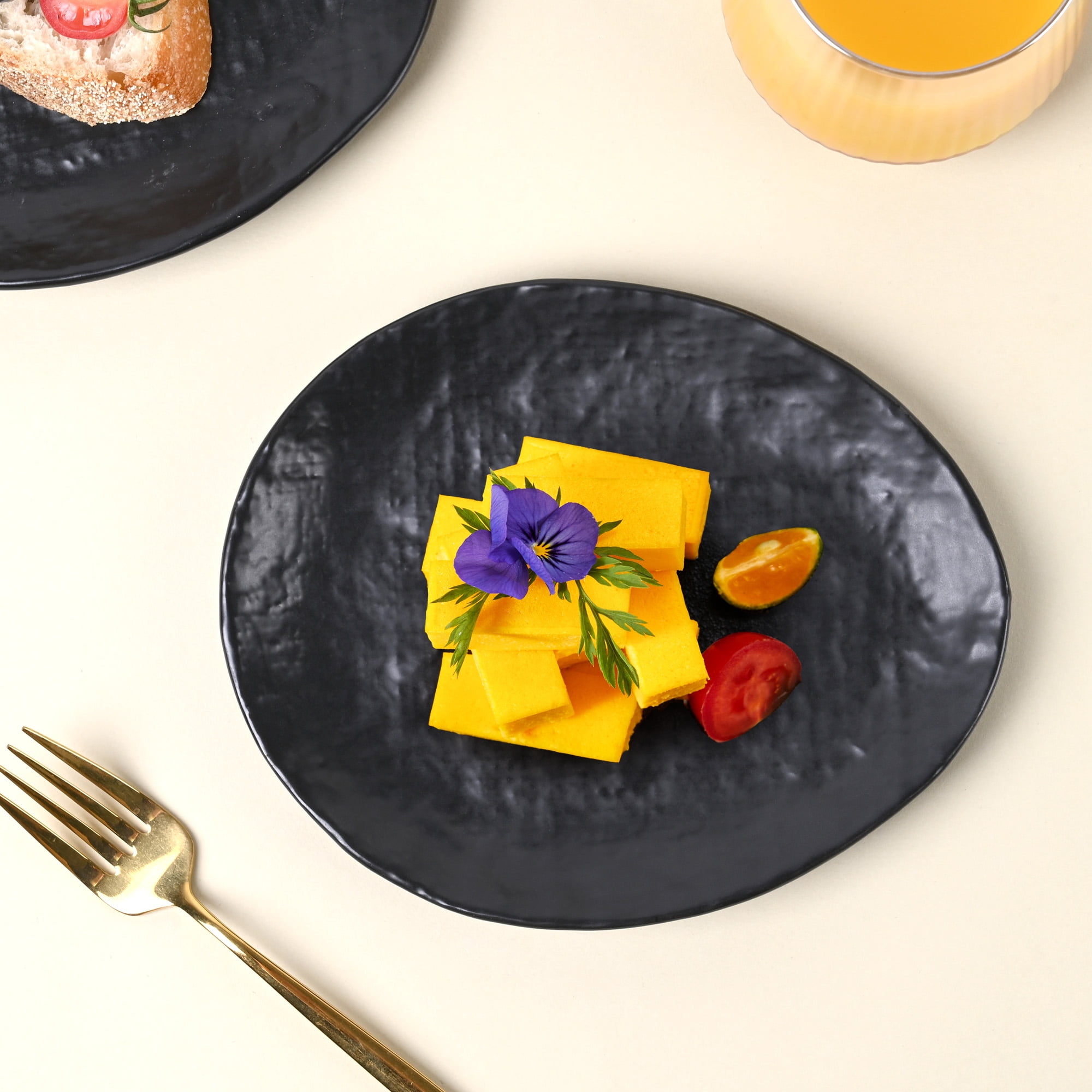 Linen Artisan Dinner Plate Set, 4 Pieces Dinnerware Dishes Set, Porcelain Salad Plates, Irregular 11 Inches Ceramic Plates Suitable for Steak, Pasta, Pizza, Home, Party, Black, Small