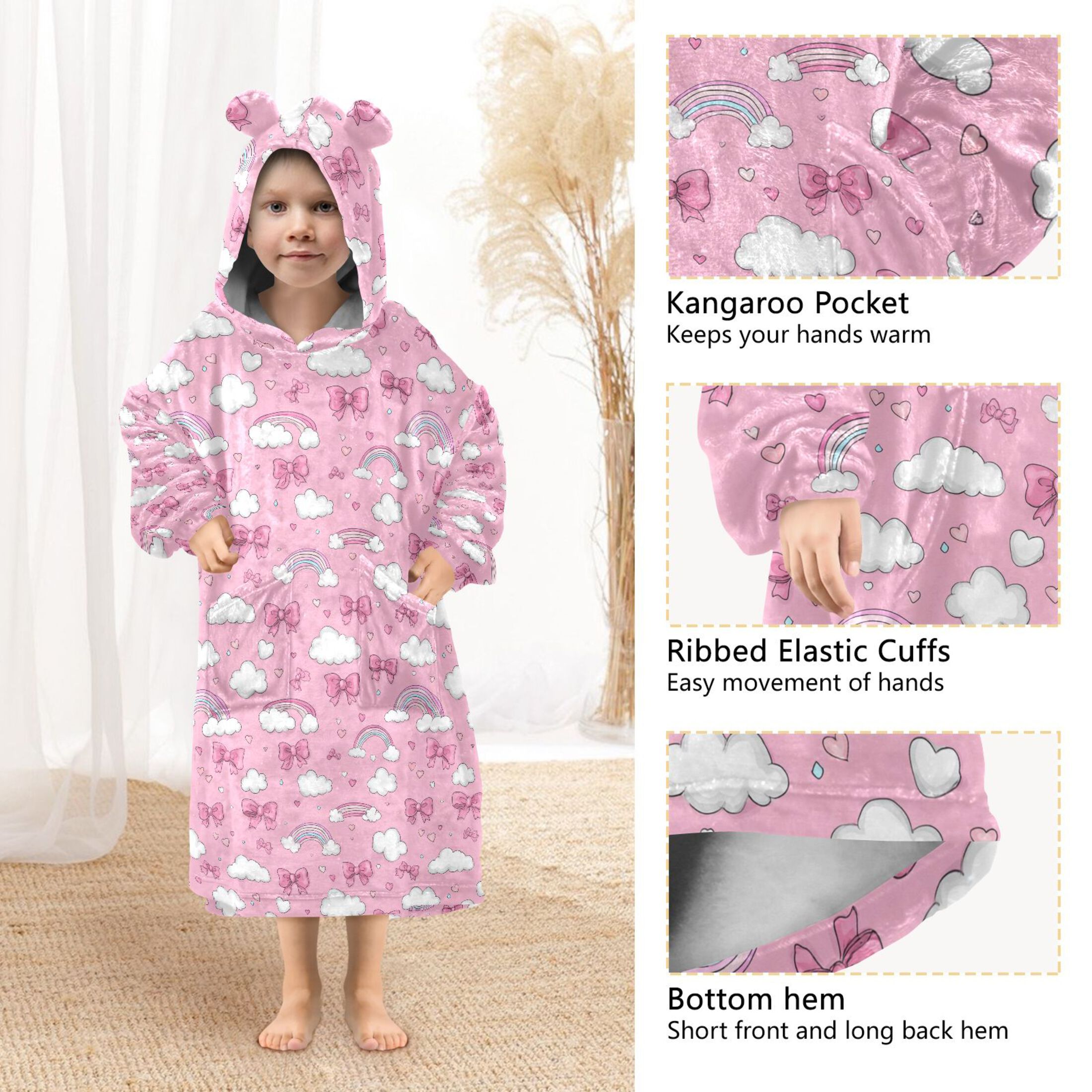 Wearable Blanket Hoodie for Kids Clouds Love Rainbow Bow Flannel Hooded Blanket with Pockets and Sleeves Suitable for Boys and Girls