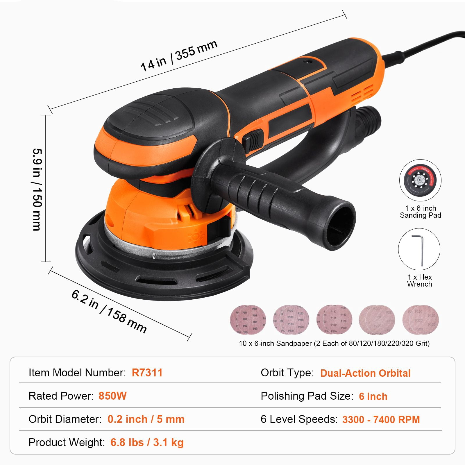 6 Inch Random Orbital Sander with 850W Motor, 3300-7400 RPM, Dual-Action Mode, 10 Sandpapers, for Wood Metal Wall Sanding