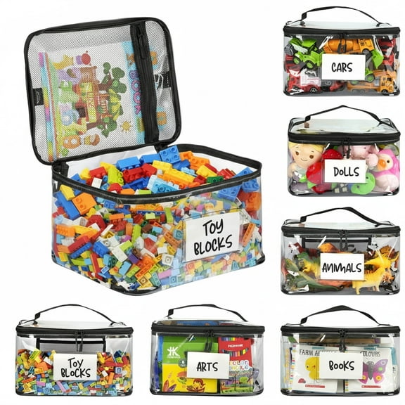 HBK 6-Pack Clear Toy Storage Bags with Labels, Extra Large TPU Organizer for Building Blocks, Dolls and Board Games