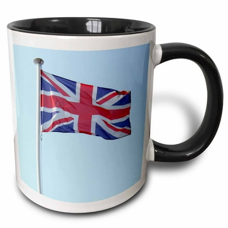 3dRose Union Jack UK Flag on pole - United Kingdom patriotic British souvenir Great Britain red white blue, Two Tone Black Mug, 11oz