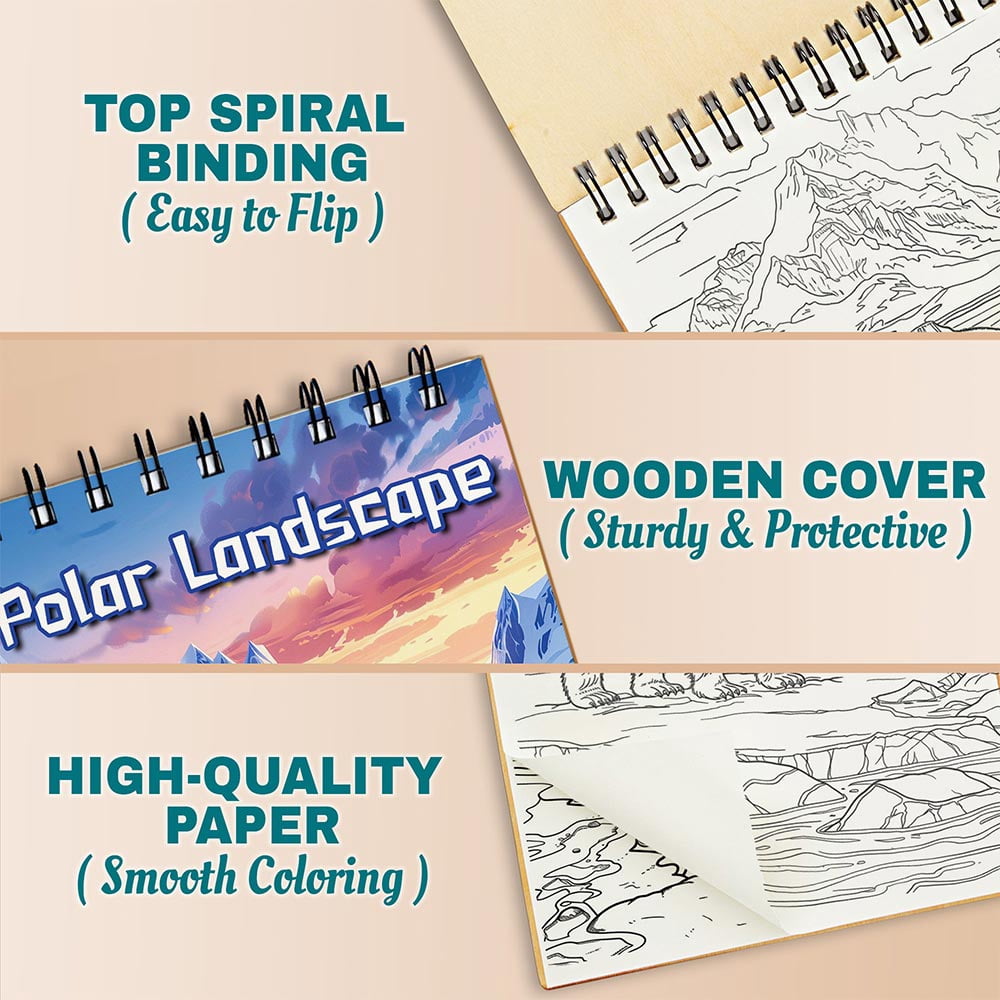 Netecom Polar Landscape Coloring Book for Adults, A5 Wooden Cover, 30 Serene Coloring Pages of Arctic Scenes for Stress Relief and Relaxation, Spiral Bound Edition