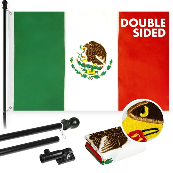 G128 - 6 Feet Tangle Free Spinning Flagpole (Black) Mexico Double Sided Brass Grommets Embroidered 3x5 ft (Flag Included) Aluminum Flag Pole