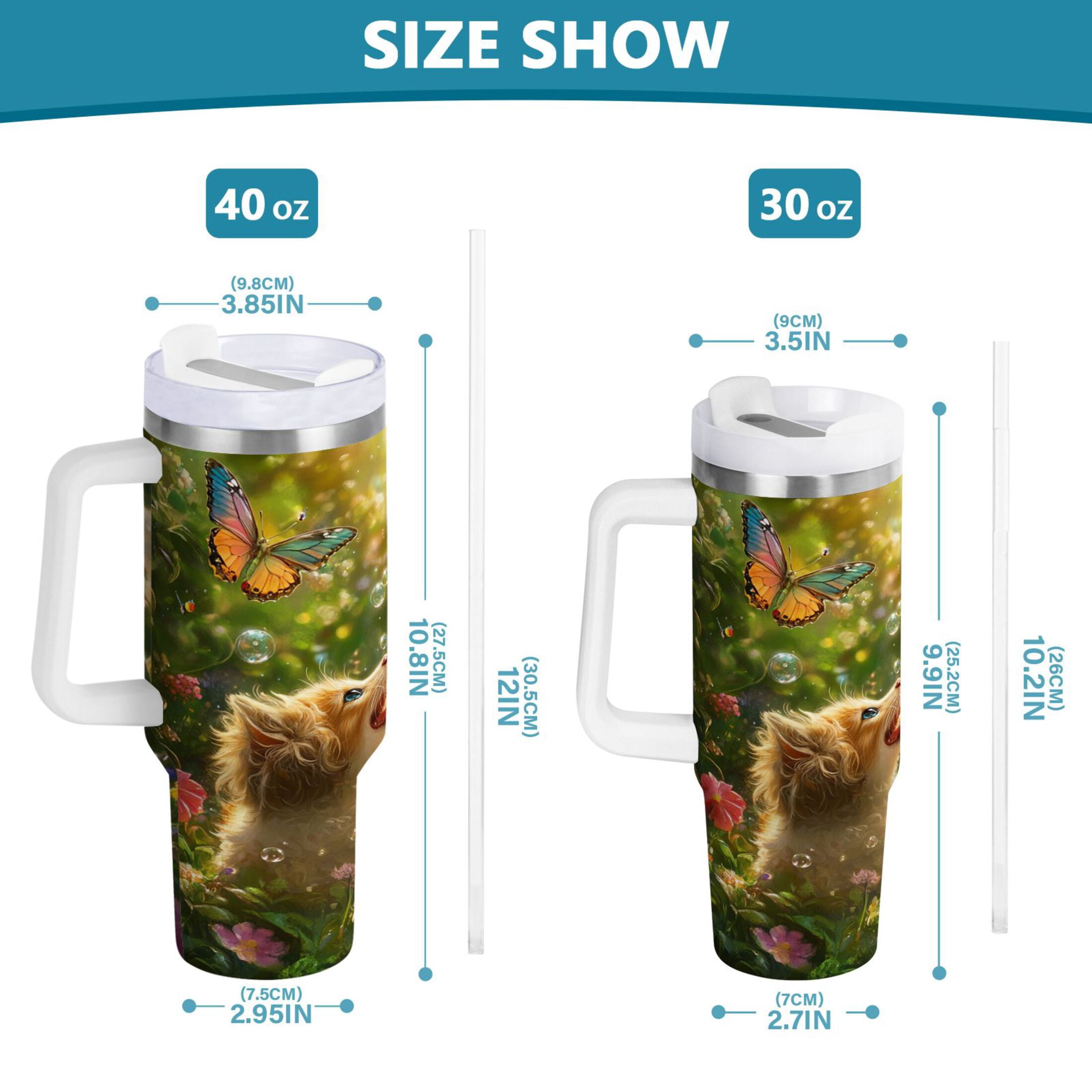 YAZAOO Tumbler 40oz Insulated Stainless Creative Kitten and Puppy with Butterflies Pattern Steel Water Bottles