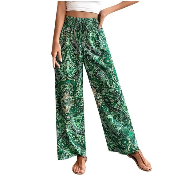 Lovskoo Wide Leg Pants Woman Printed Summer 2024 Trendy Elastic Waist Loose Pants Green L