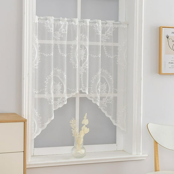 Sunyuer 1 Panel Short Lace Curtains Valance for Kitchen Bathroom White Sheer Floral Cafe Curtains Tulle Voile Window Treatment Rod Pocket Top