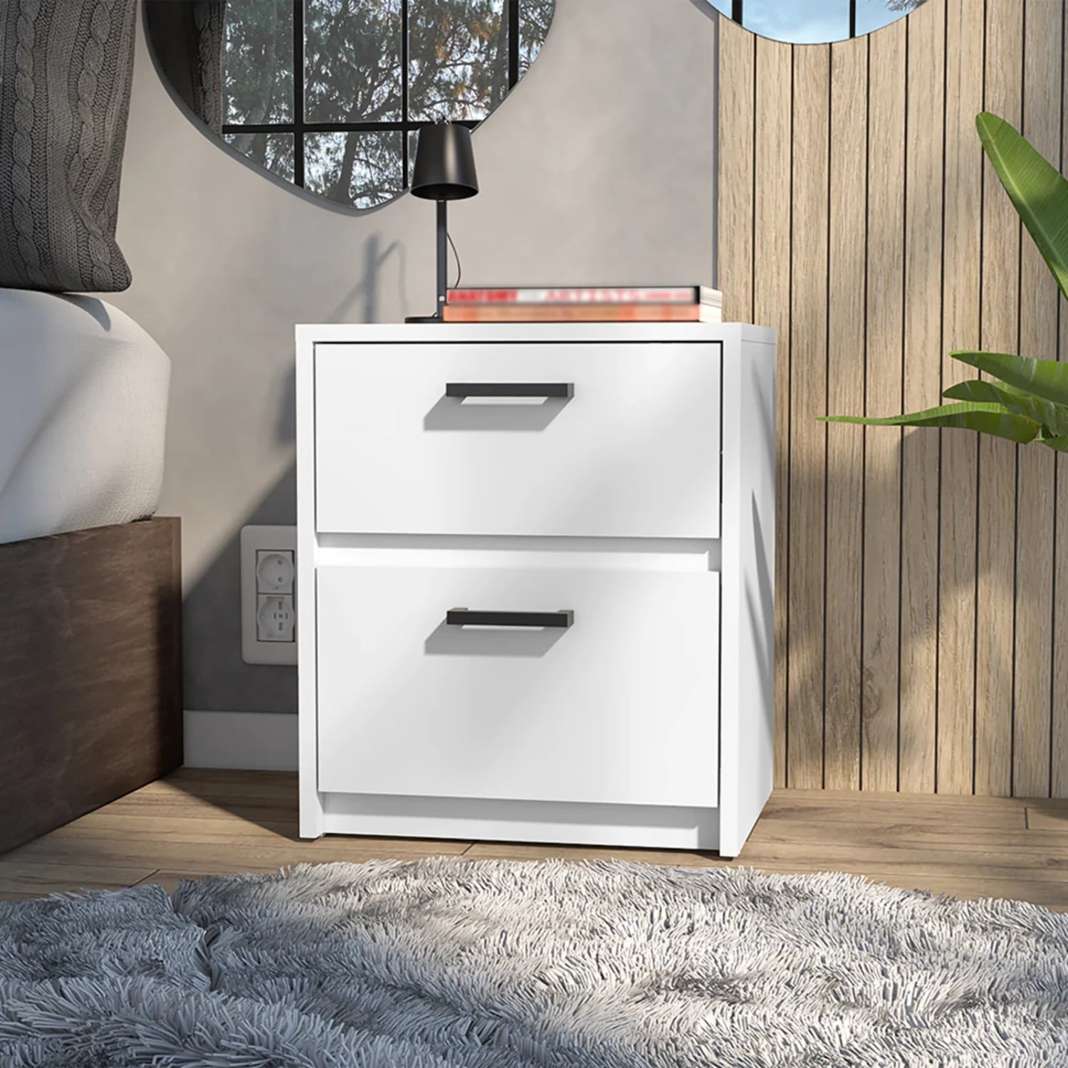 HomeRoots 19 in. Two Drawer Faux Wood Nightstand, White
