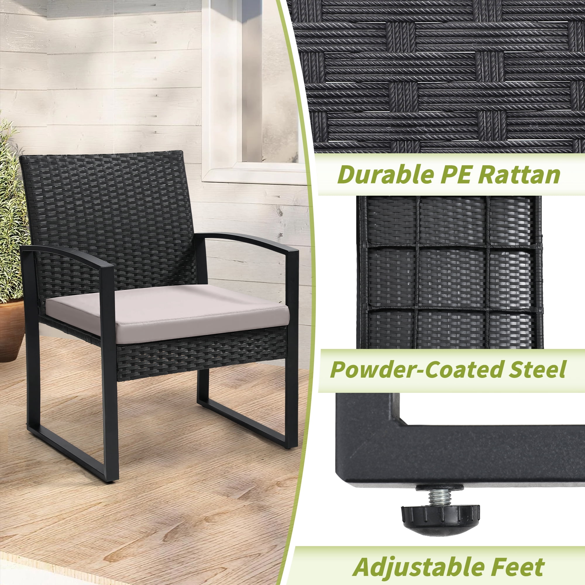 LOGYAT 3 Piece Wicker Patio Bistro Set, All-Weather Rattan Conversation Set with Glass Top Coffee Table, Perfect for Balcony, Porch, Poolside, Black Frame with Grey Cushion
