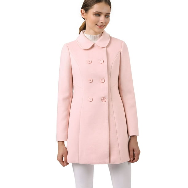 Abrigo Largo De Invierno Con Cuello Peter Pan Y Doble Botonadura Para Mujer Rosa M