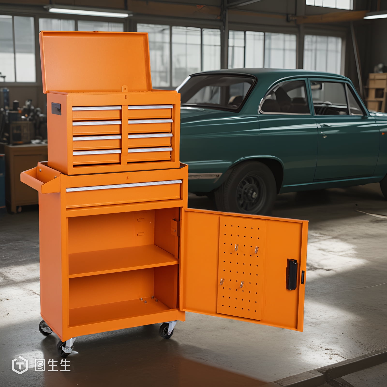 7 Drawer Tool Chest on Wheels, Multi-function Rolling Tool Box Organizer for Garage Workshop Warehouse Repair Shop, Green