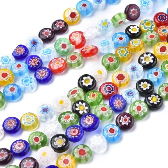 Flat Round Handmade Millefiori Glass Beads Mixed Color