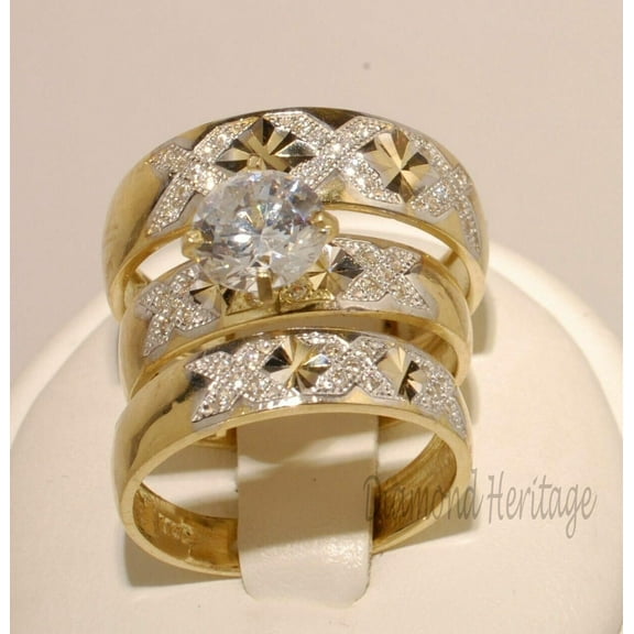 2.20ct Round Cut Simulated Diamond His Her Trio Wedding Engagement Ring Set 14K Yellow Gold Plated