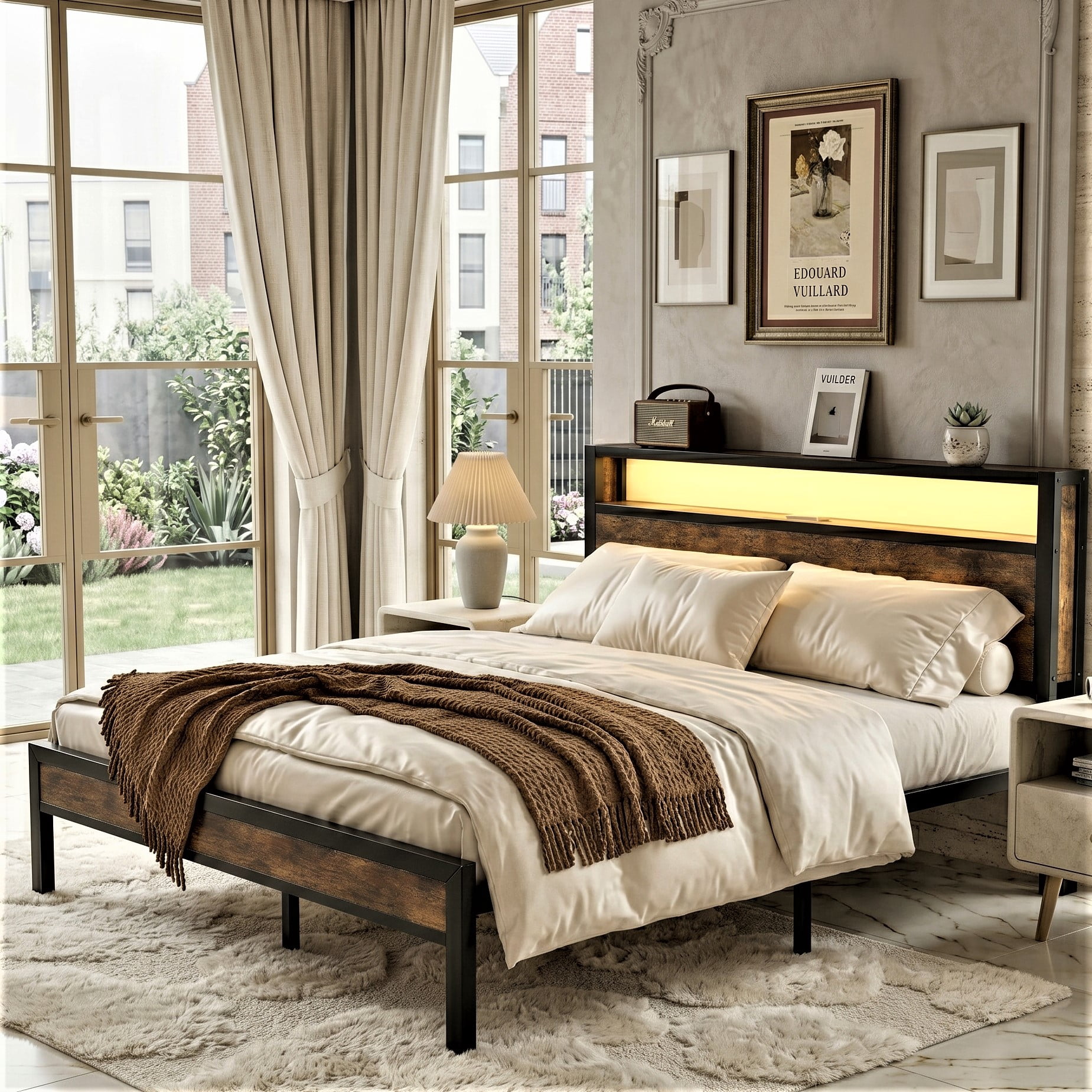 Full Size Bed Frame with LED Lights,Metal Platform Bed with 2-Tier Storage Headboard and Charging Station, Brown