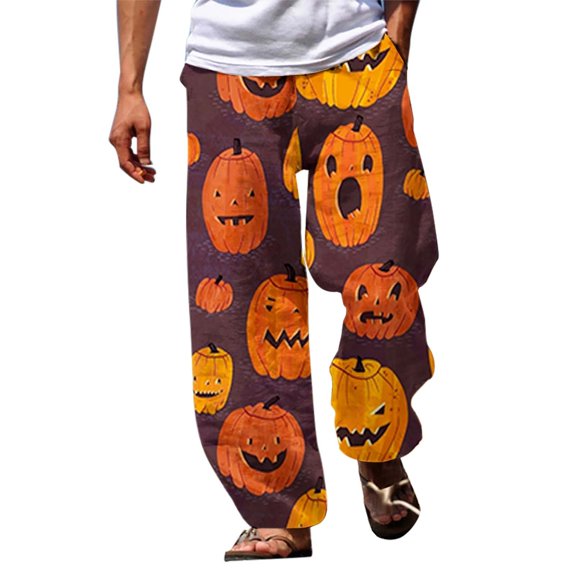 HCURIBAD Baggy Pants, Pants for Men Men's Casual Pants Halloween Pumpkinhead Beach Pants with Pockets 2024 New, Halloween Pants, Halloween Pajamas, () A L