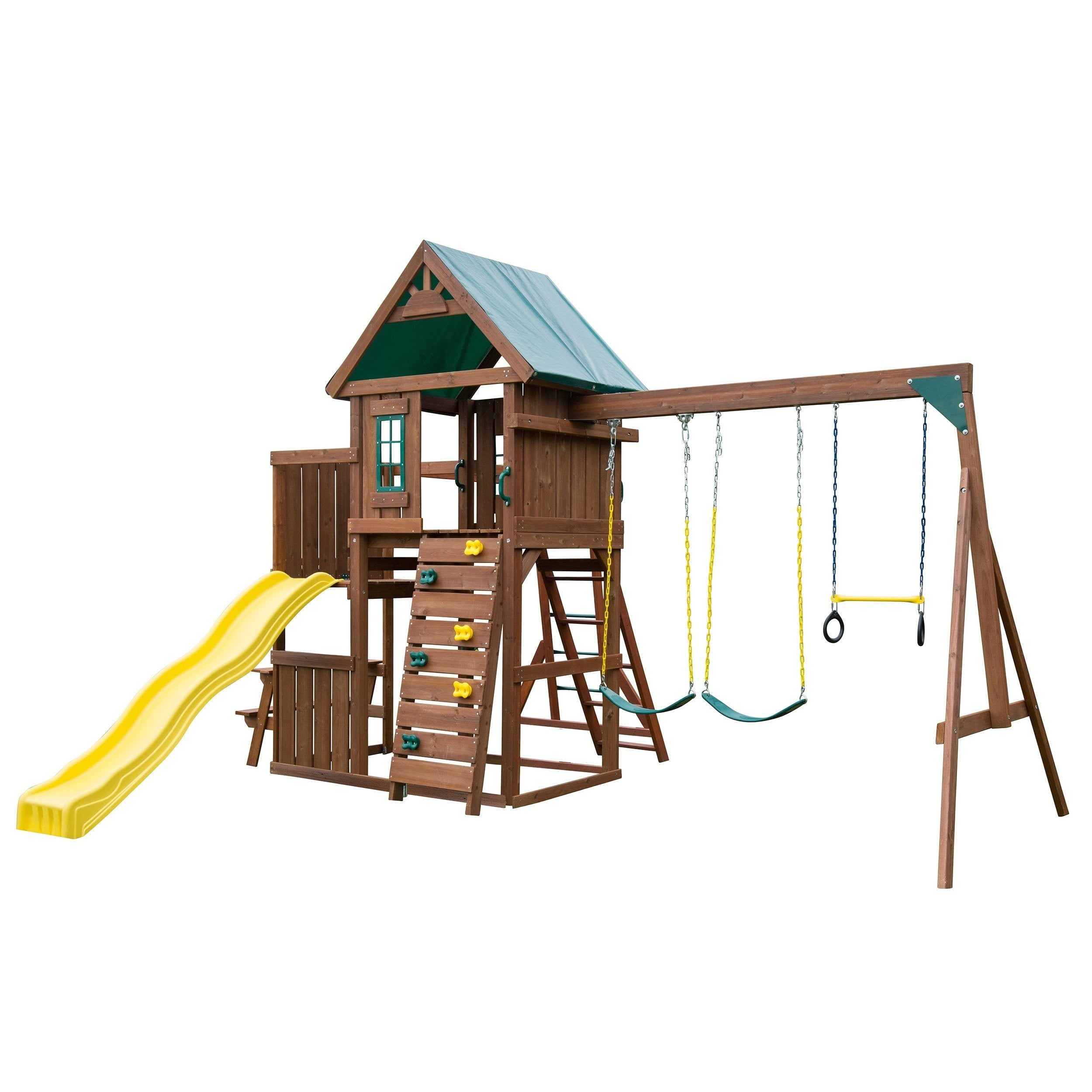 Swing-N-Slide Chesapeake Wooden Backyard Swing Set with Slide, Heavy Duty Swings, Climbing Wall, and Monkey Bars